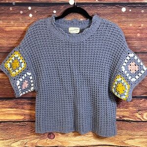 Universal Thread Gray Crochet Sweater with Yellow and Pink Accents